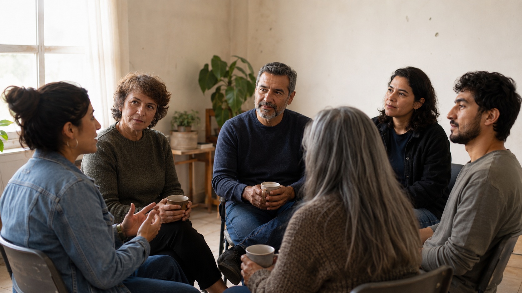 Grupo diverso de personas reunidas en un espacio comunitario cálido