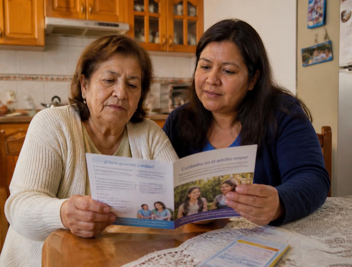 Dos mujeres leyendo juntas materiales informativos de salud