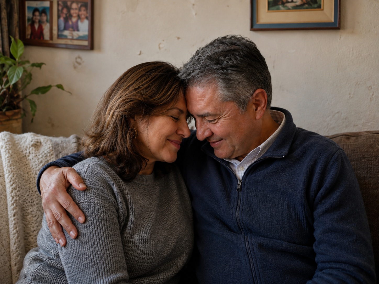 Pareja adulta acompañándose en un entorno doméstico